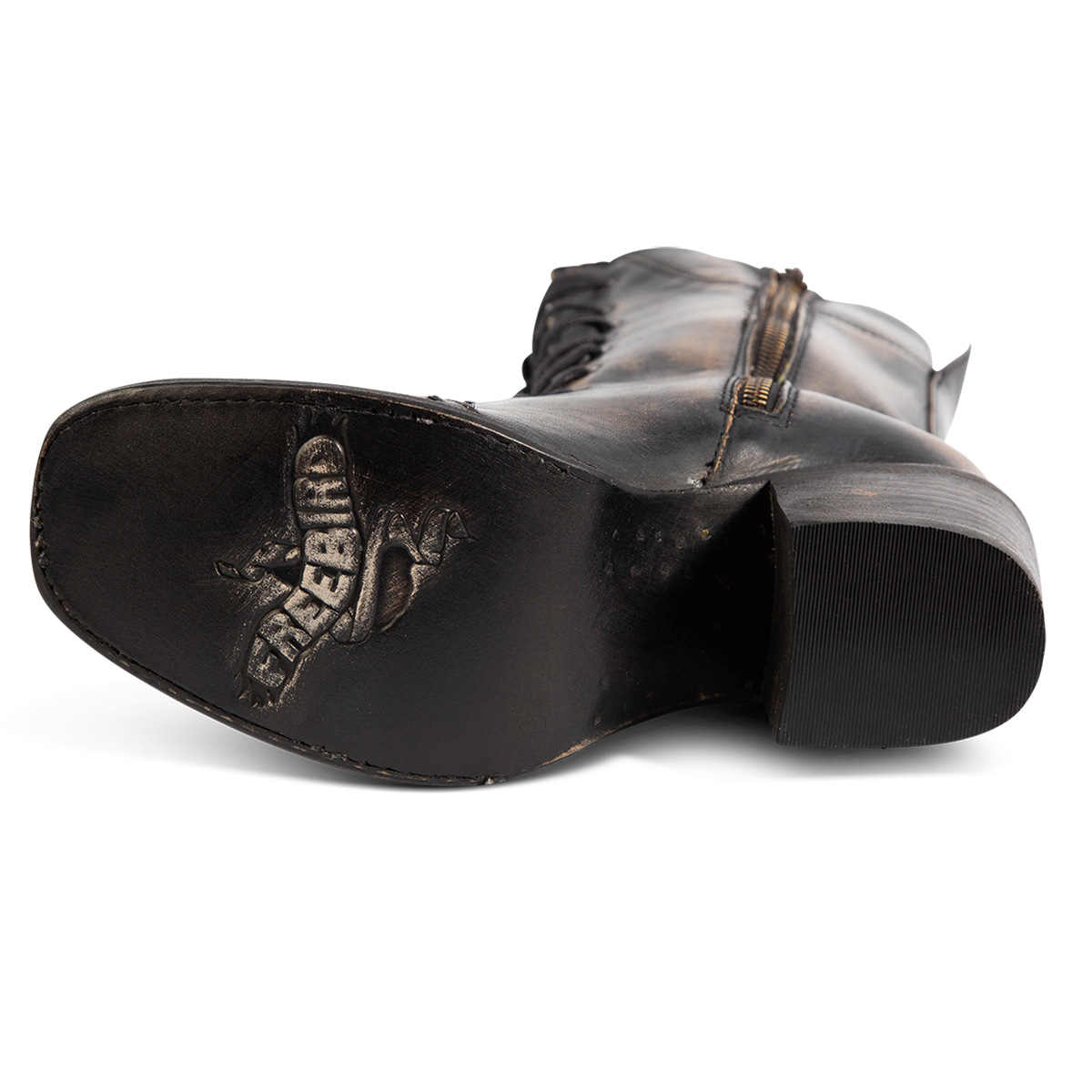 Leather sole imprinted with FREEBIRD on women's Dart black leather boot