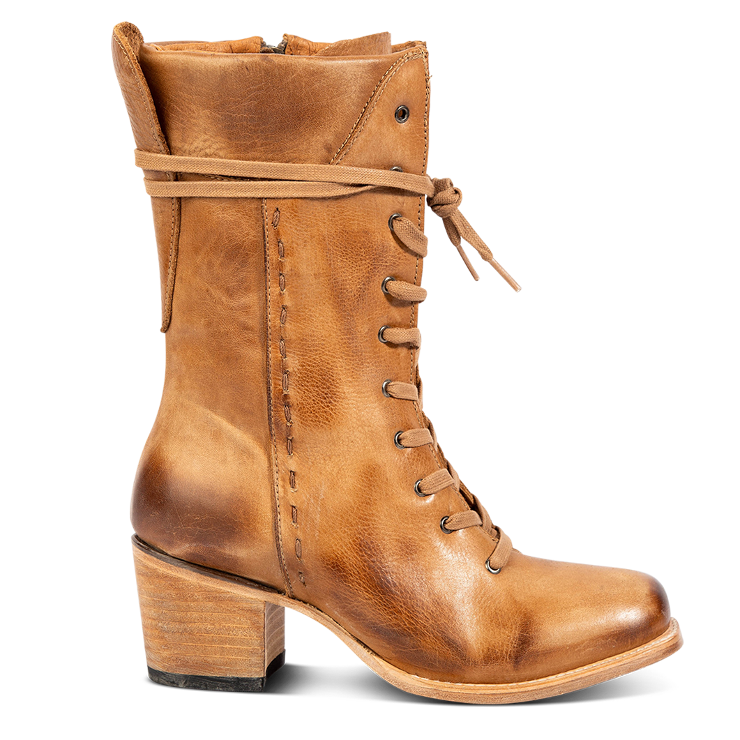 FREEBIRD women's Dart wheat leather boot with front tie lacing, whip stitch siding and stacked heel