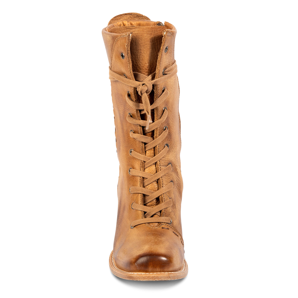 Front view showing front tie lacing and square toe on FREEBIRD women's Dart wheat leather boot
