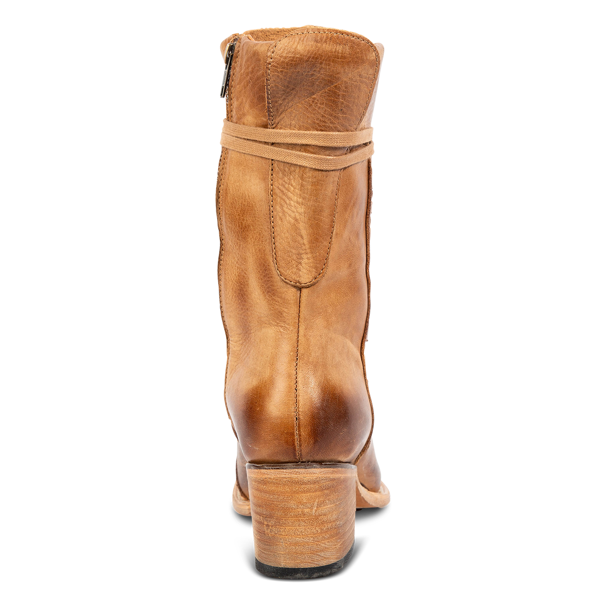 Back view showing stacked heel and working brass inside closure on FREEBIRD women's Dart wheat leather boot