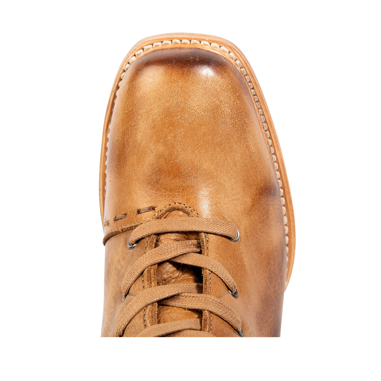 Top view showing square toe construction on FREEBIRD women's Dart wheat leather boot