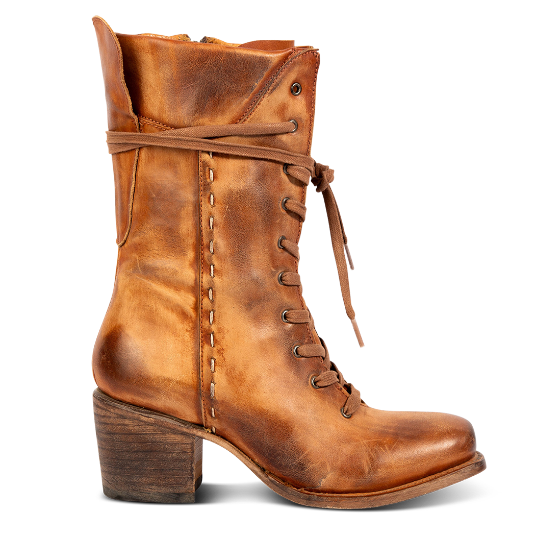 FREEBIRD women's Dart whiskey leather boot with front tie lacing, whip stitch siding and stacked heel