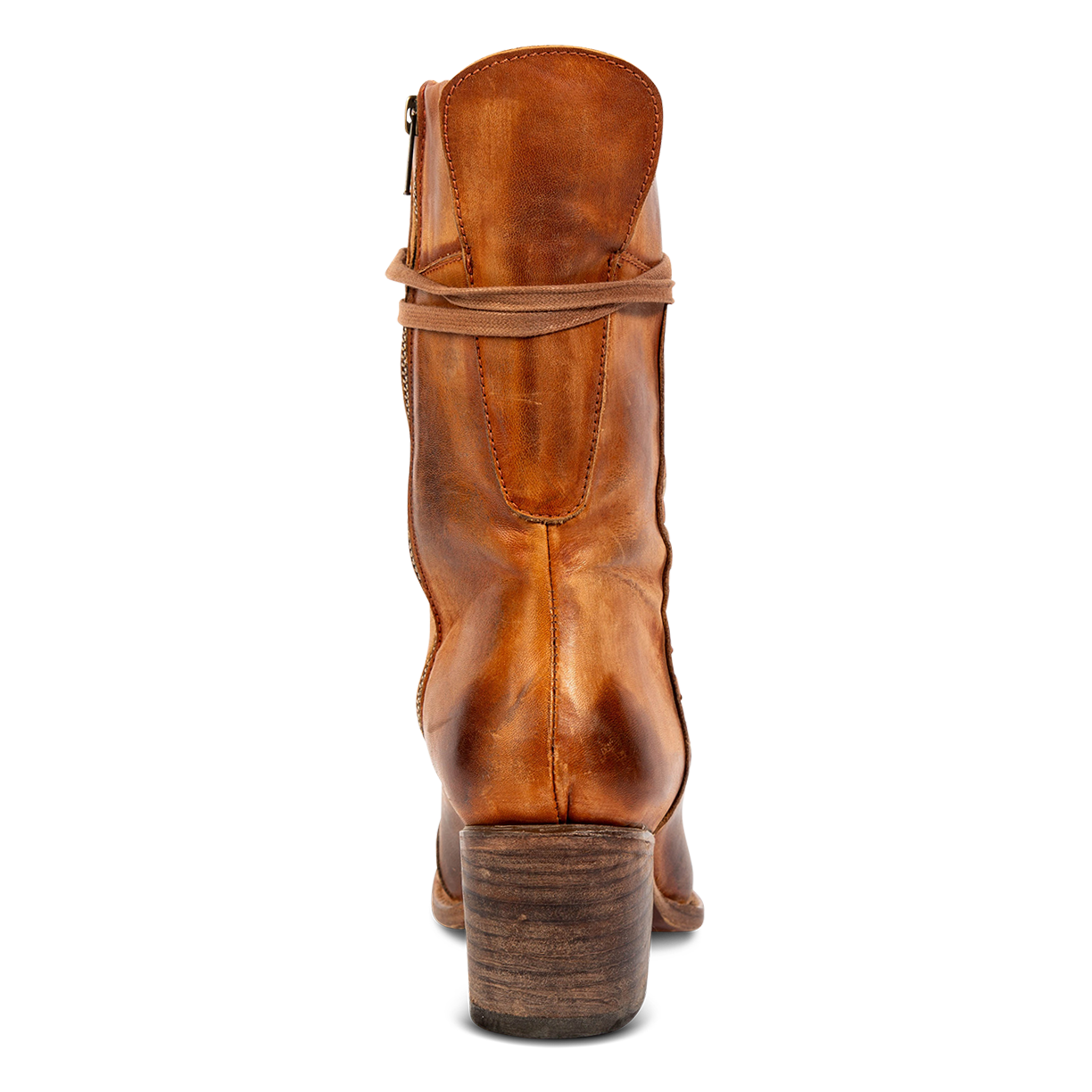 Back view showing stacked heel and working brass inside closure on FREEBIRD women's Dart whiskey leather boot