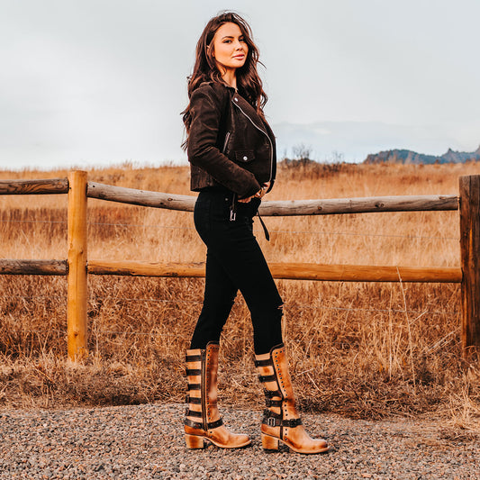 FREEBIRD women's Derby beige leather boot with shaft buckle straps, eyelet studs and square toe construction lifestyle
