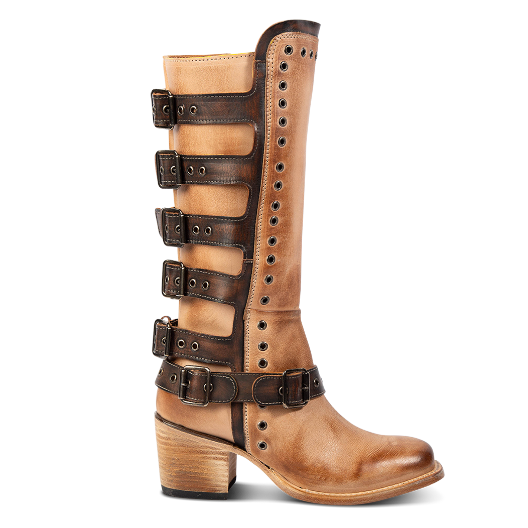 FREEBIRD women's Derby beige leather boot with shaft buckle straps, eyelet studs and square toe construction