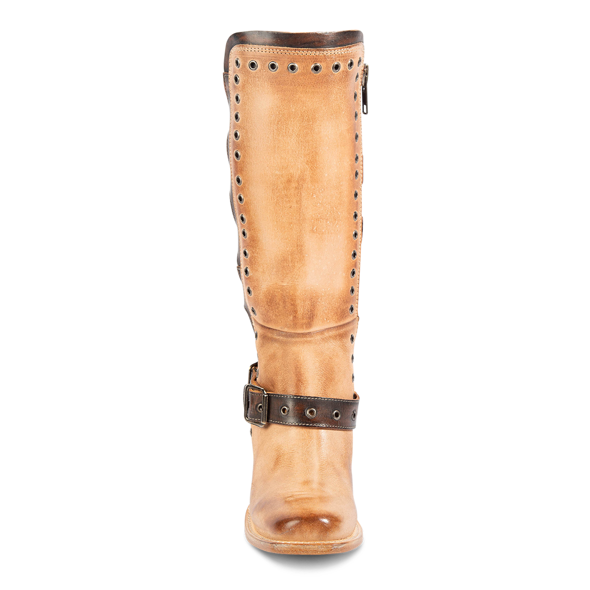 Front view showing FREEBIRD women's Derby beige leather boot with eyelet studs and square toe construction