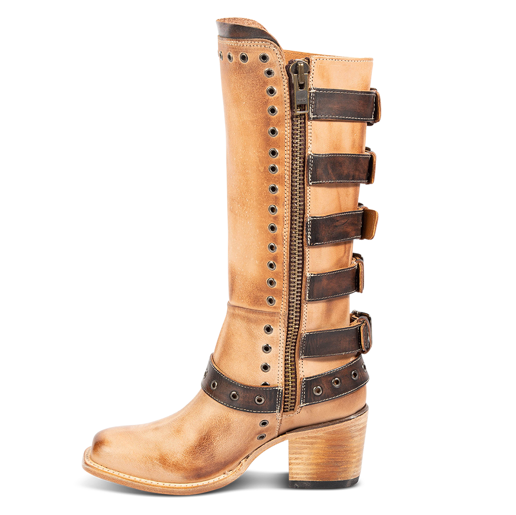 Side view showing FREEBIRD women's Derby beige leather boot with shaft buckle straps, eyelet studs and square toe construction