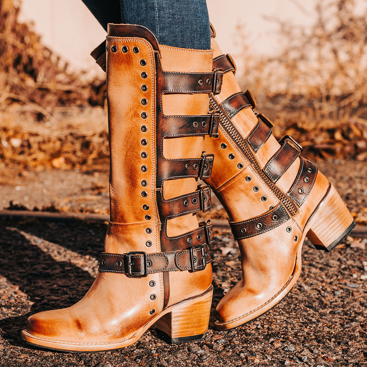 FREEBIRD women's Derby beige leather boot with shaft buckle straps, eyelet studs and square toe construction