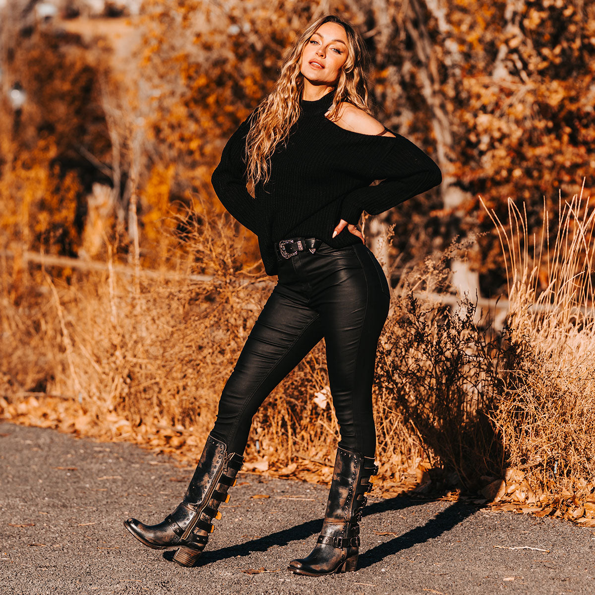 FREEBIRD women's Derby black leather boot with shaft buckle straps, eyelet studs and square toe construction lifestyle