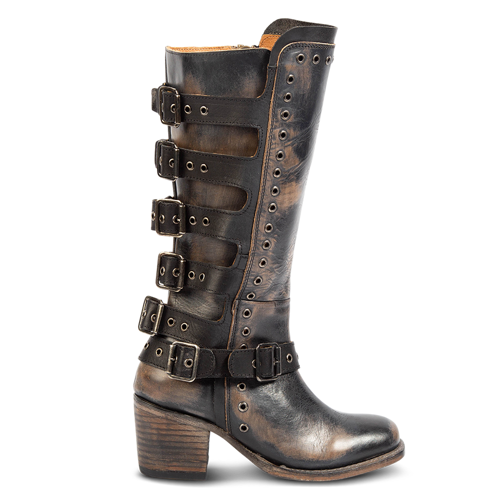 FREEBIRD women's Derby black leather boot with shaft buckle straps, eyelet studs and square toe construction
