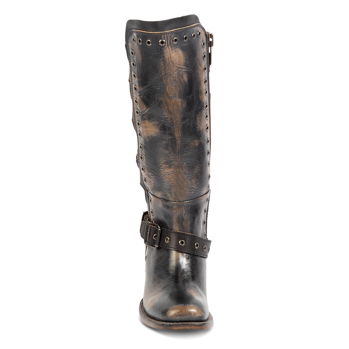 Front view showing FREEBIRD women's Derby black leather boot with eyelet studs and square toe construction