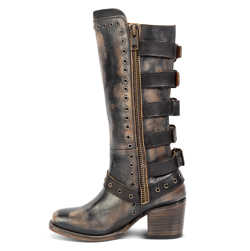 Side view showing FREEBIRD women's Derby black leather boot with shaft buckle straps, eyelet studs and square toe construction