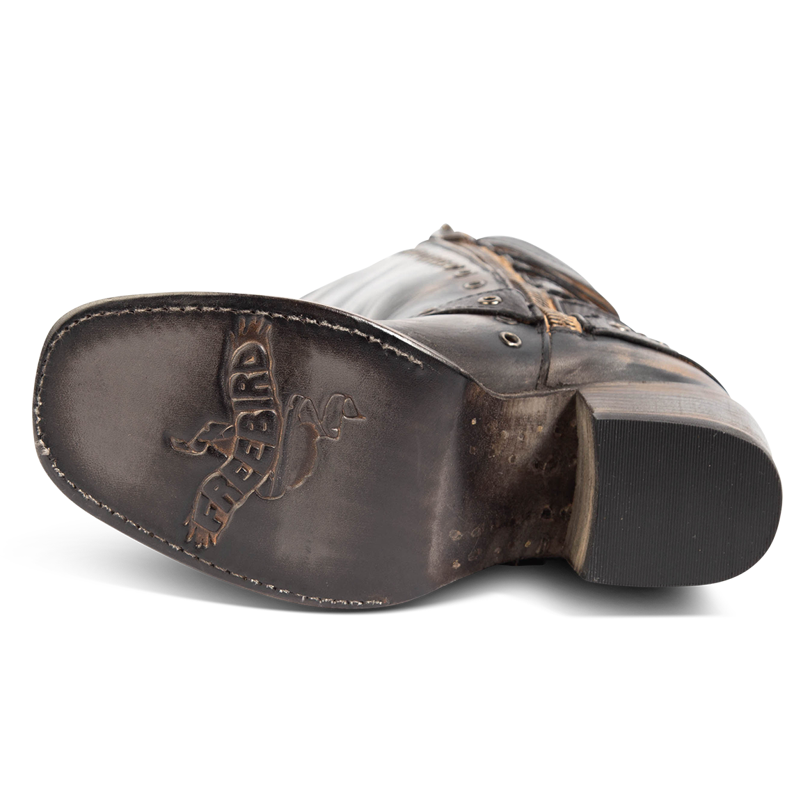 Leather sole imprinted with FREEBIRD on women's Derby black leather boot