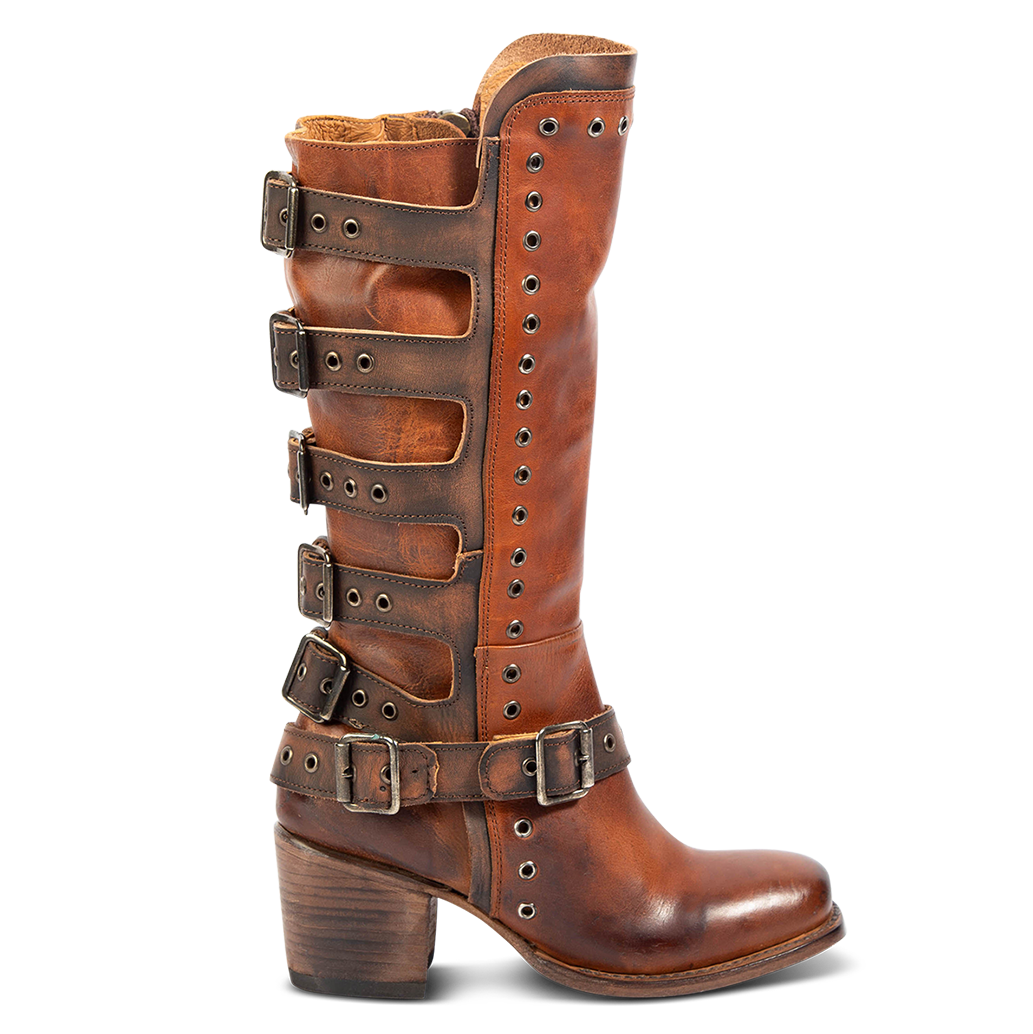 FREEBIRD women's Derby cognac leather boot with shaft buckle straps, eyelet studs and square toe construction
