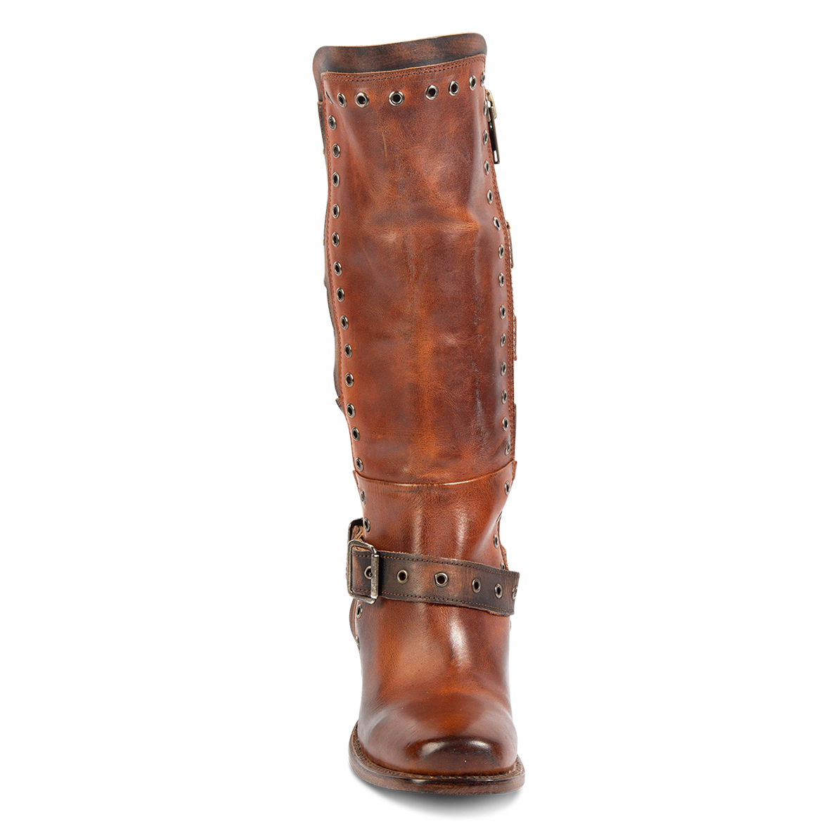 Front view showing FREEBIRD women's Derby cognac leather boot with eyelet studs and square toe construction