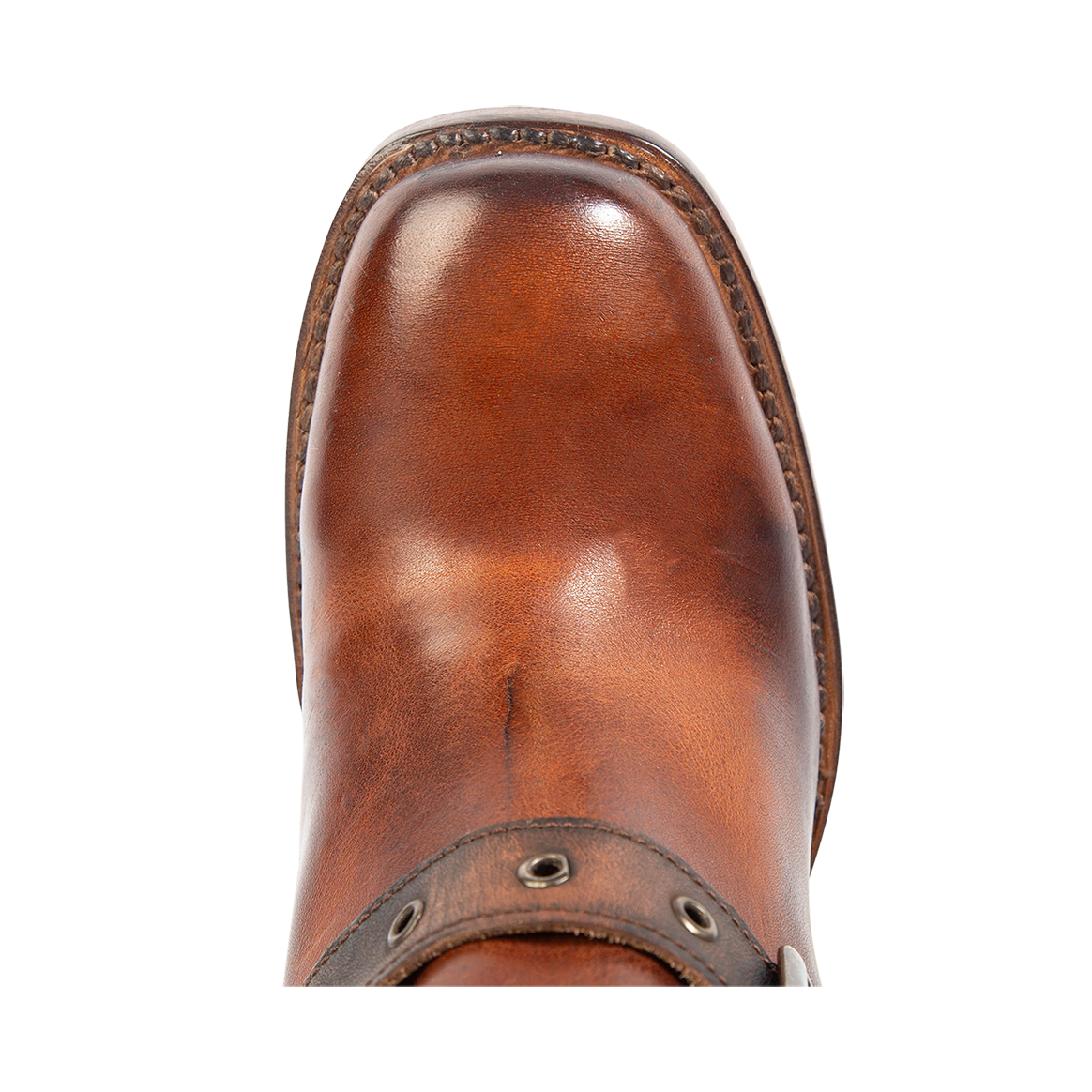 Top view showing square toe construction on FREEBIRD women's Derby cognac leather boot