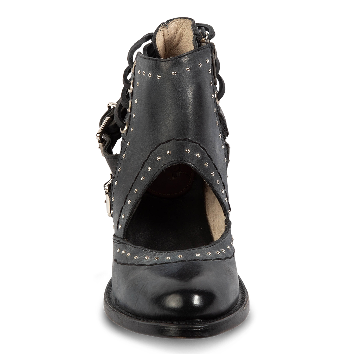 Front view showing leather cutout and studding detailing on FREEBIRD women's Desert black bootie