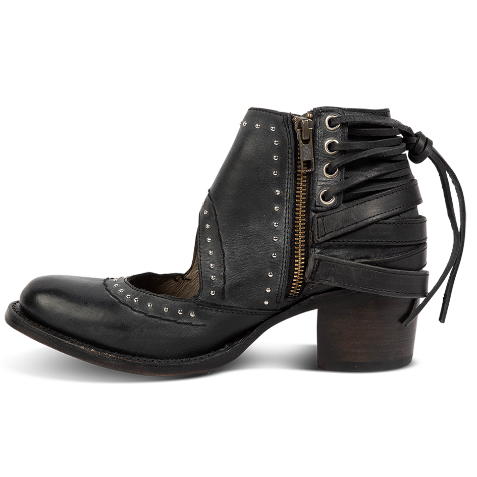 Inside view showing leather lace detailing and working brass zip closure on FREEBIRD women's Desert black bootie