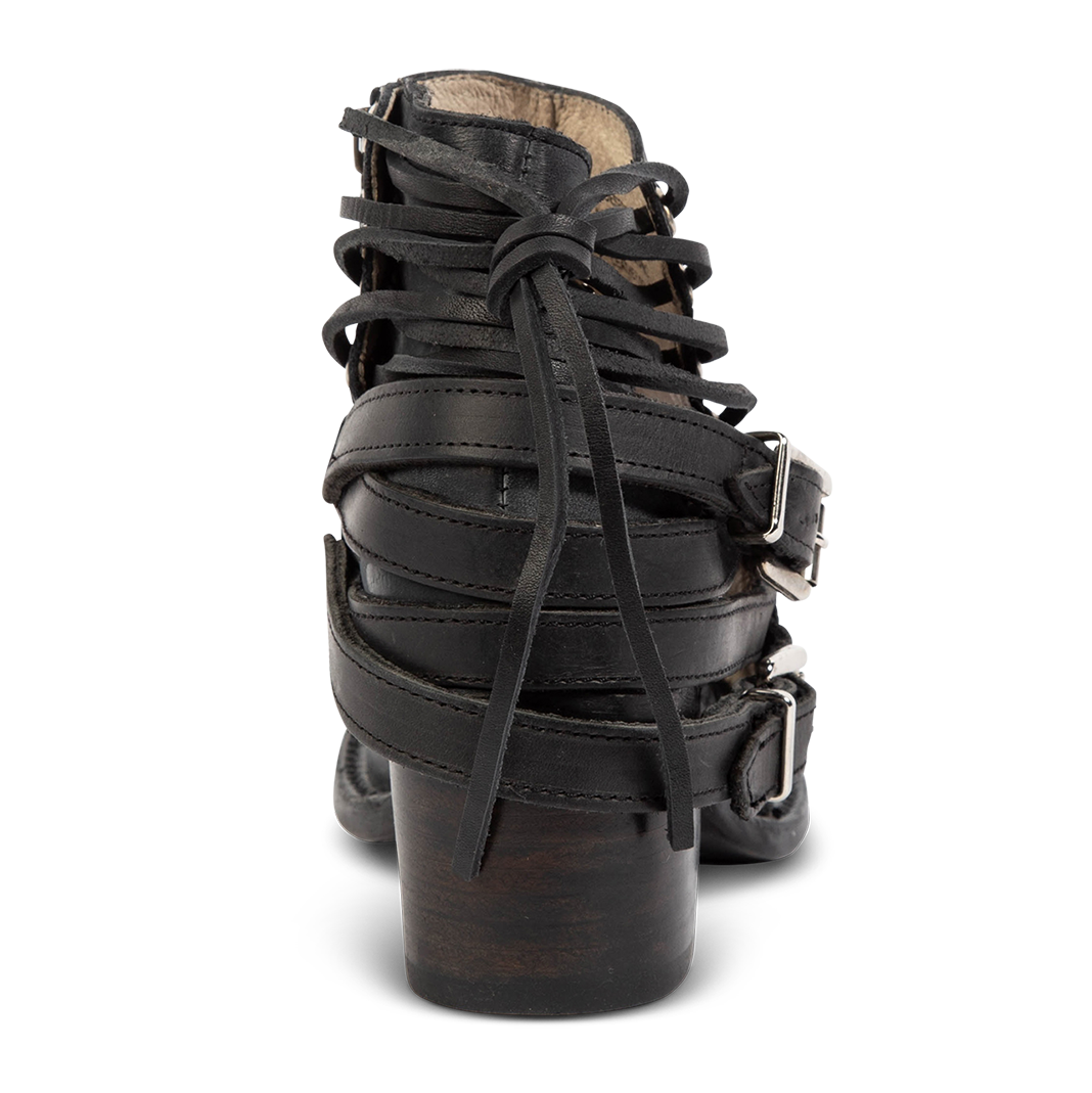 Back view leather lace detailing and leather buckle straps  on FREEBIRD women's Desert black bootie