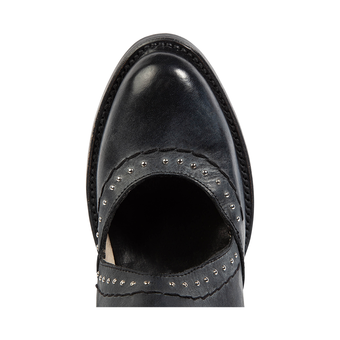 Top view showing leather cutout and studded detailing on FREEBIRD women's Desert black bootie
