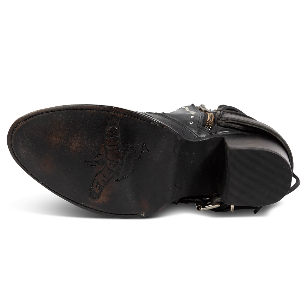 Leather sole imprinted with FREEBIRD on women's Desert black bootie