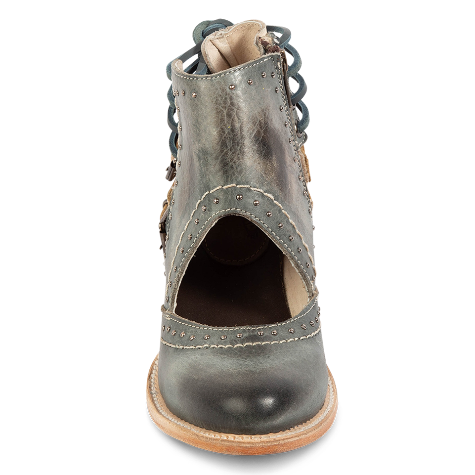 Front view showing leather cutout and studding detailing on FREEBIRD women's Desert blue bootie