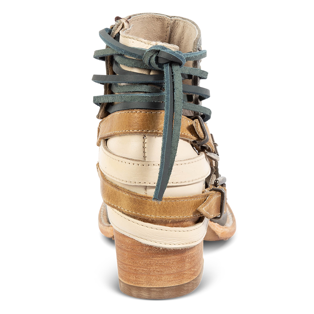 Back view leather lace detailing and leather buckle straps  on FREEBIRD women's Desert blue bootie