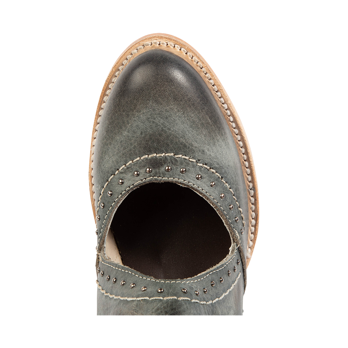 Top view showing leather cutout and studded detailing on FREEBIRD women's Desert blue bootie