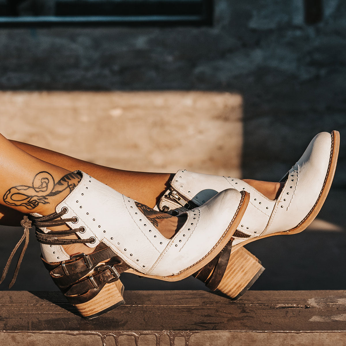 FREEBIRD Desert white multi bootie with leather straps and working buckles