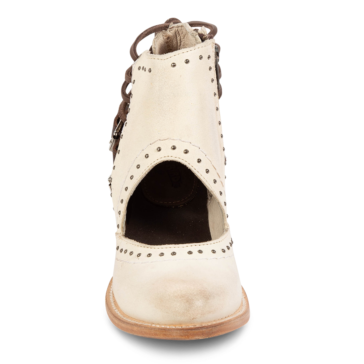 Front view showing leather cutout and studding detailing on FREEBIRD women's Desert white multi bootie