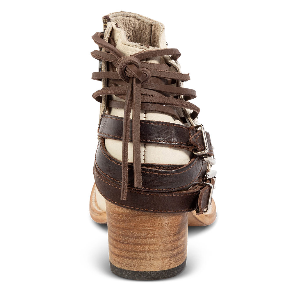 Back view leather lace detailing and leather buckle straps  on FREEBIRD women's Desert white multi bootie