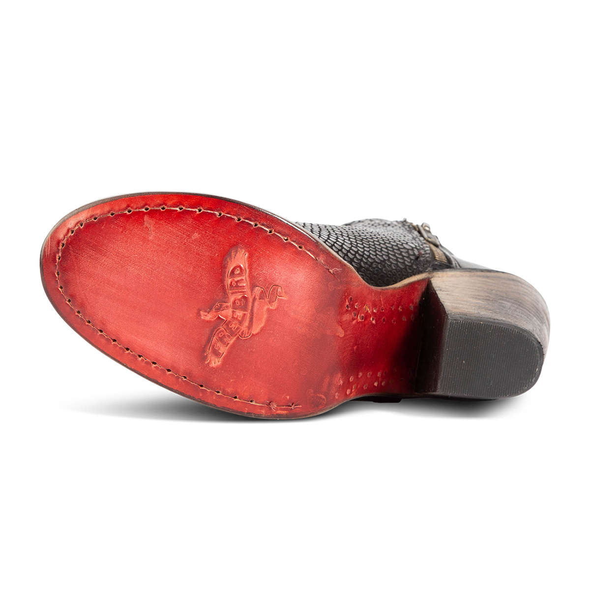 Leather sole on FREEBIRD women's detroit black snake embossed bootie