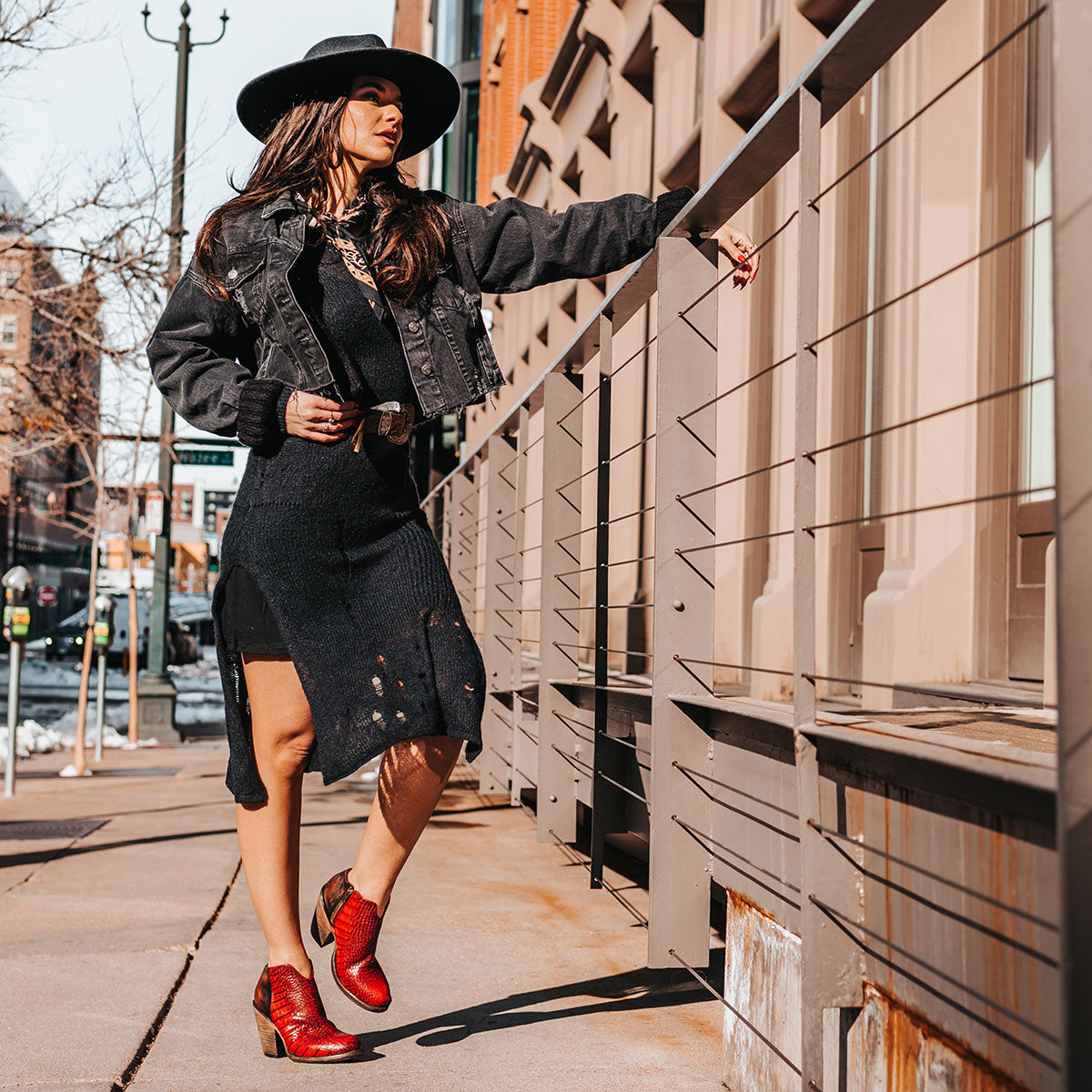 FREEBIRD women's Detroit red croco featuring inverted heel, front cut out dip, and two toned full grain leather lifestyle image