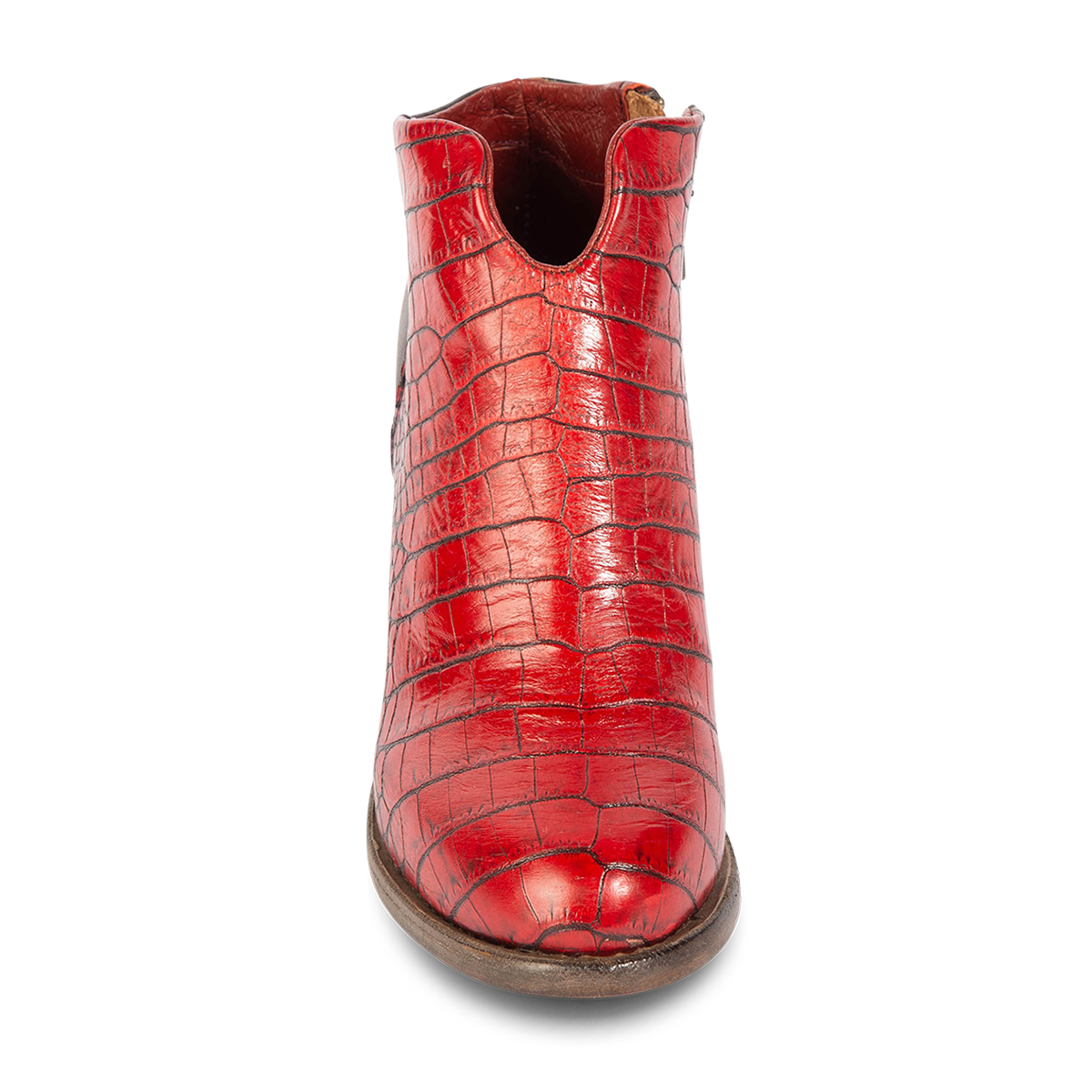 Front view showing round toe and front cut out dip on FREEBIRD women's Detroit red croco leather bootie