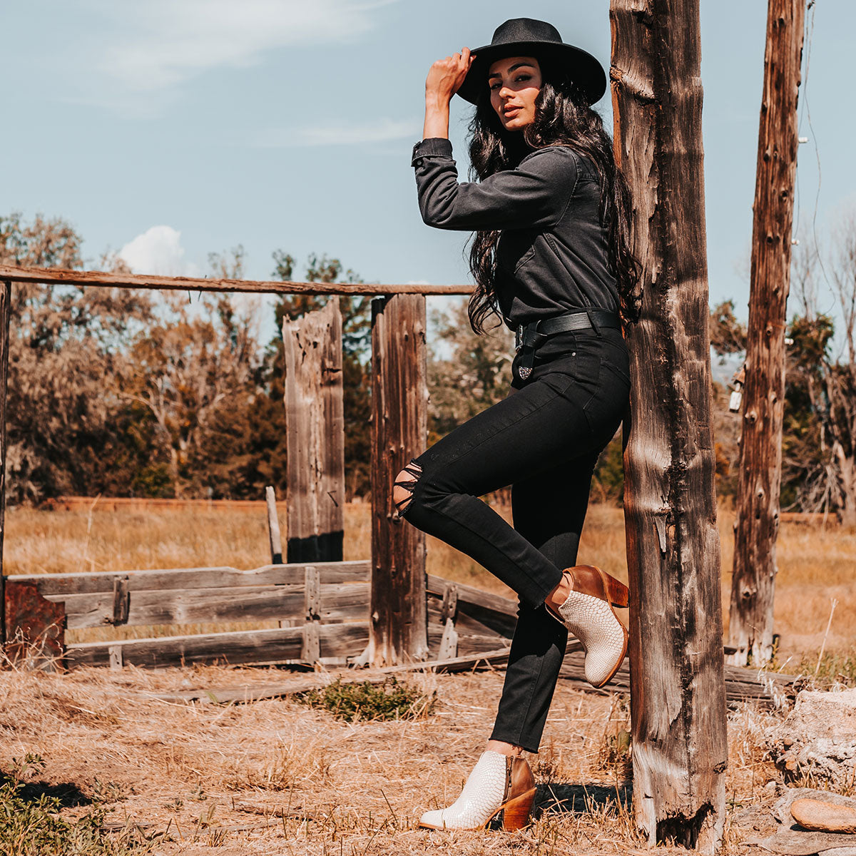 FREEBIRD women's Detroit white snake featuring inverted heel, front cut out dip, and two toned full grain leather lifestyle image