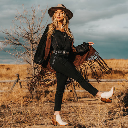 FREEBIRD women's Detroit white snake featuring inverted heel, front cut out dip, and two toned full grain leather lifestyle image