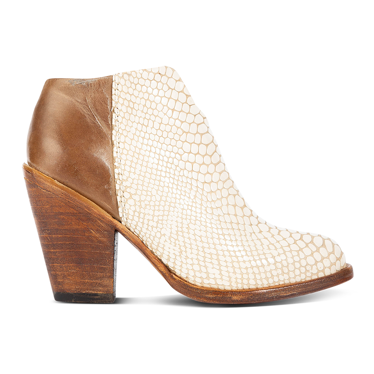 FREEBIRD women's Detroit white snake featuring inverted heel, front cut out dip, and two toned full grain leather