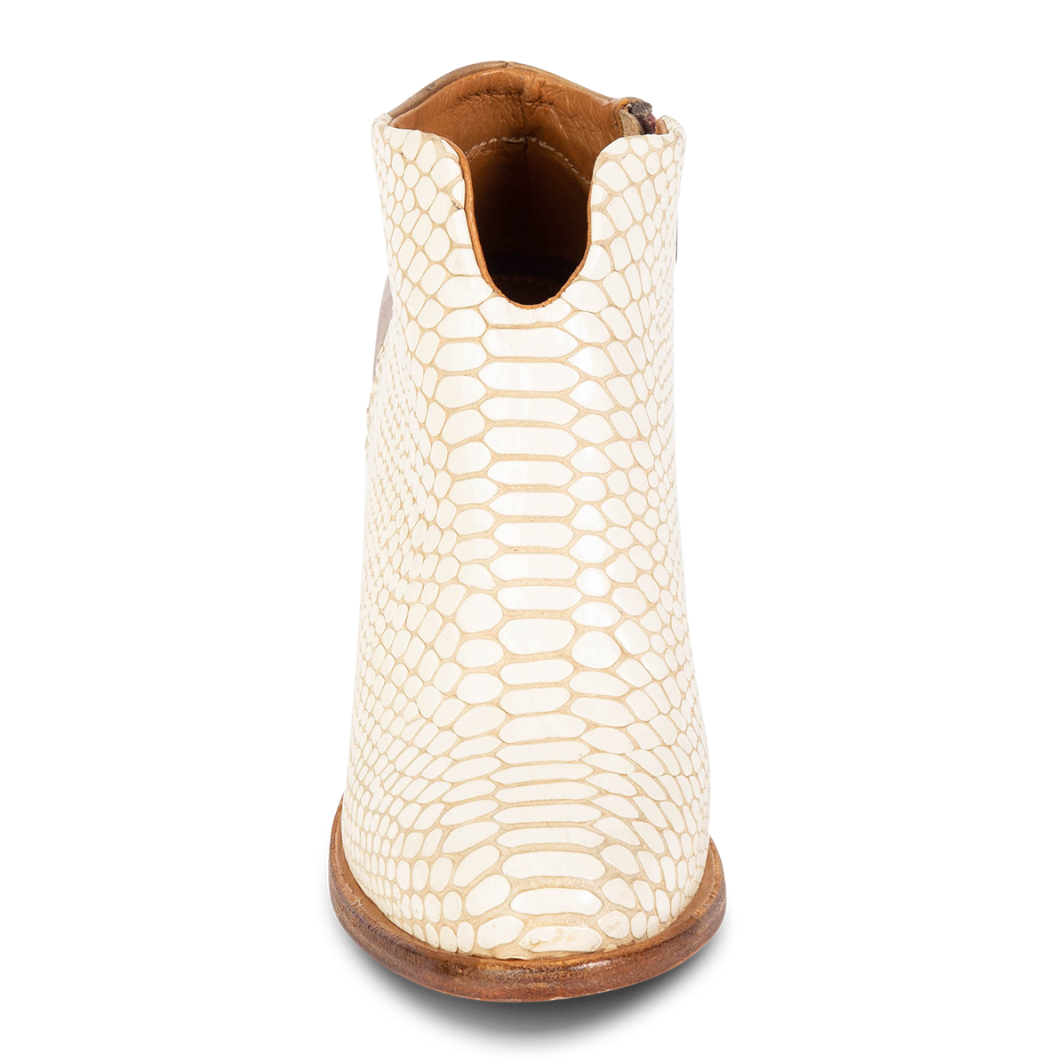 Front view showing round toe and front cut out dip on FREEBIRD women's Detroit white snake leather bootie