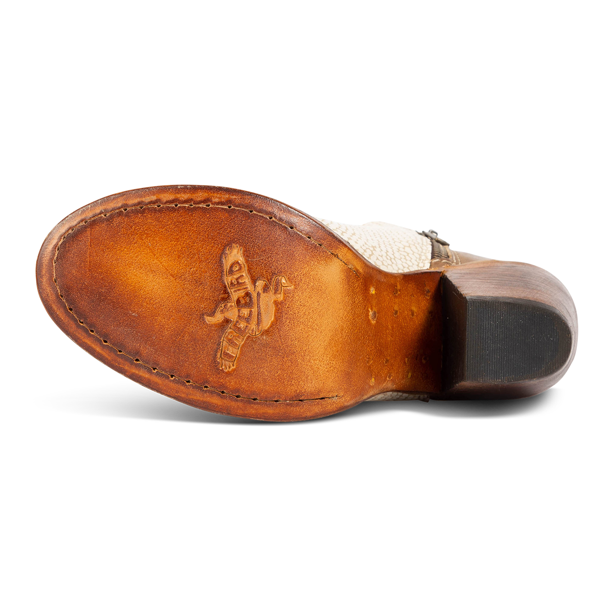 Leather sole imprinted with FREEBIRD on women's Detroit white snake bootie