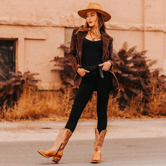 FREEBIRD women's Dice beige leather boot with stitch detailing, leather pull straps and a square toe lifestyle