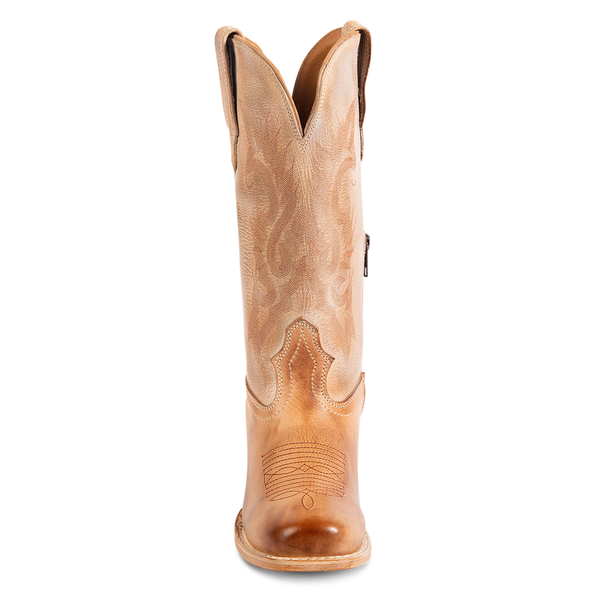Front view showing stitch detailing and front dip on FREEBIRD women's Dice beige leather boot