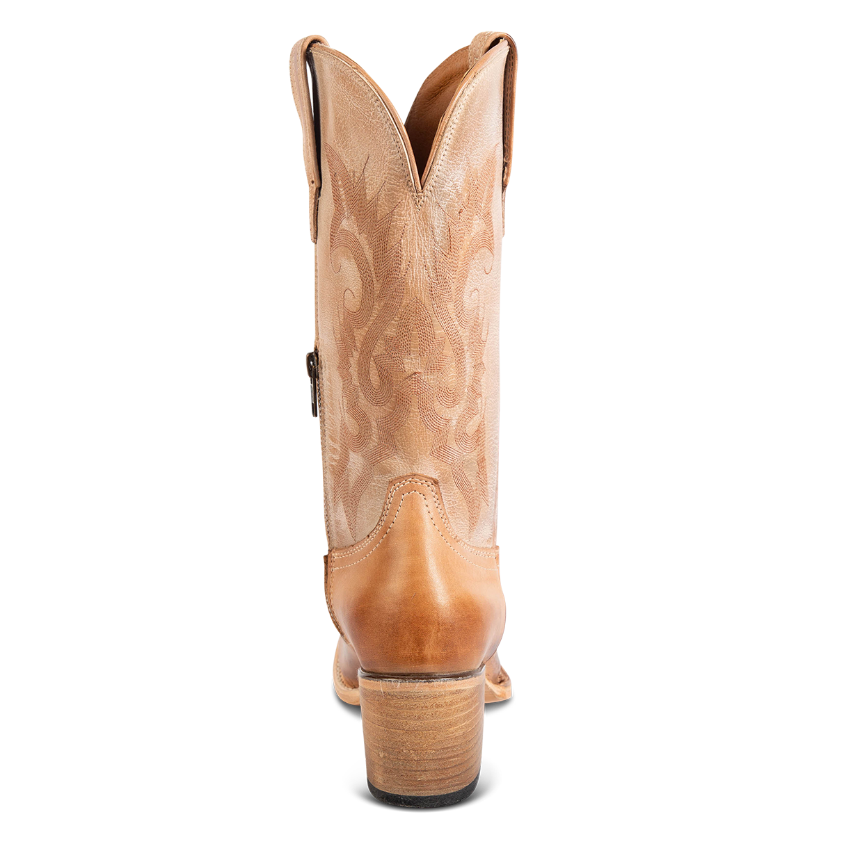 Back view showing a stacked heel, shaft stitch detailing and back dip on FREEBIRD women's Dice beige leather boot