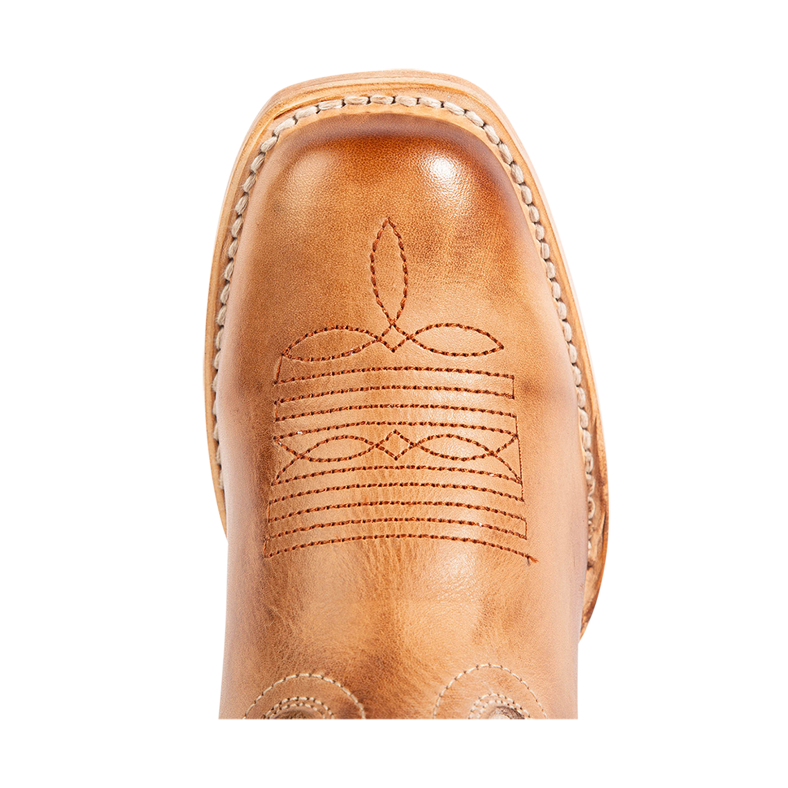 Top view showing square toe construction with stitch detailing on FREEBIRD women's Dice beige leather boot