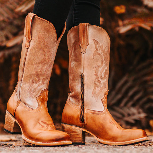 FREEBIRD women's Dice beige leather boot with stitch detailing, leather pull straps and a square toe
