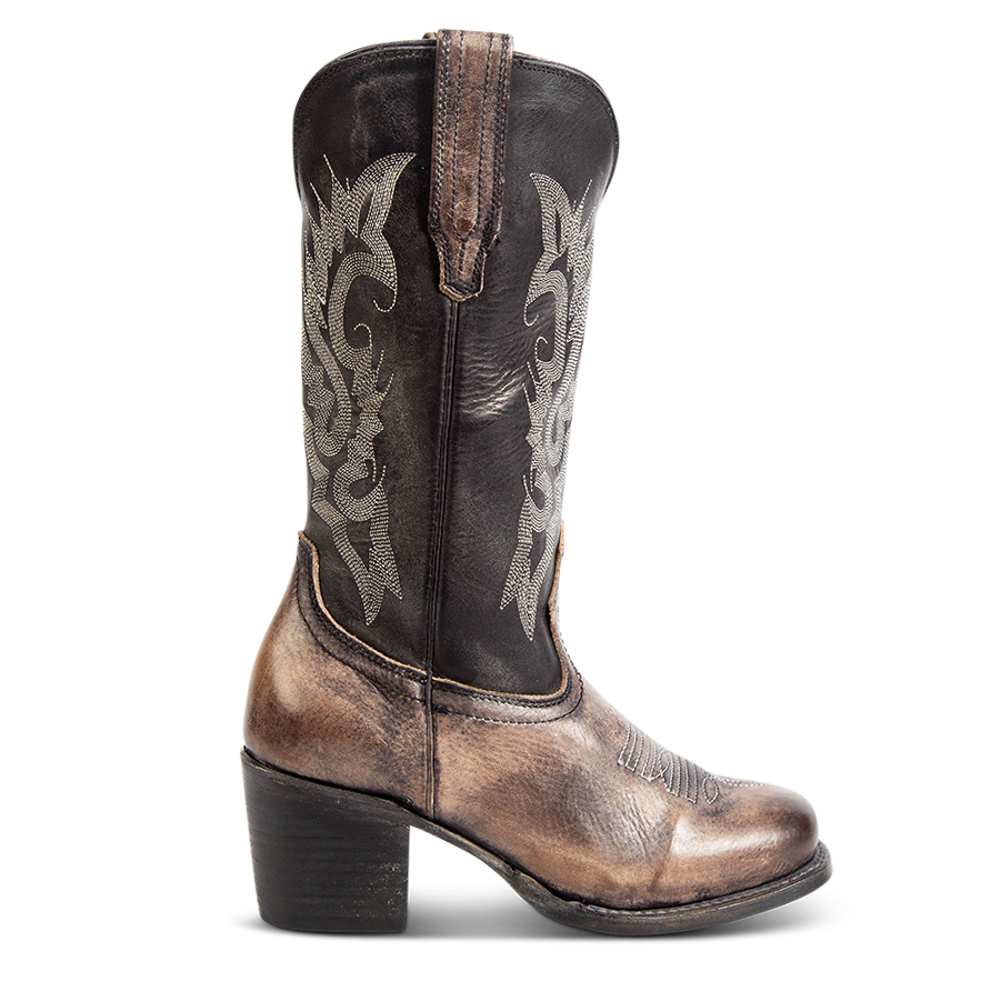 FREEBIRD women's Dice black leather boot with stitch detailing, leather pull straps and a square toe