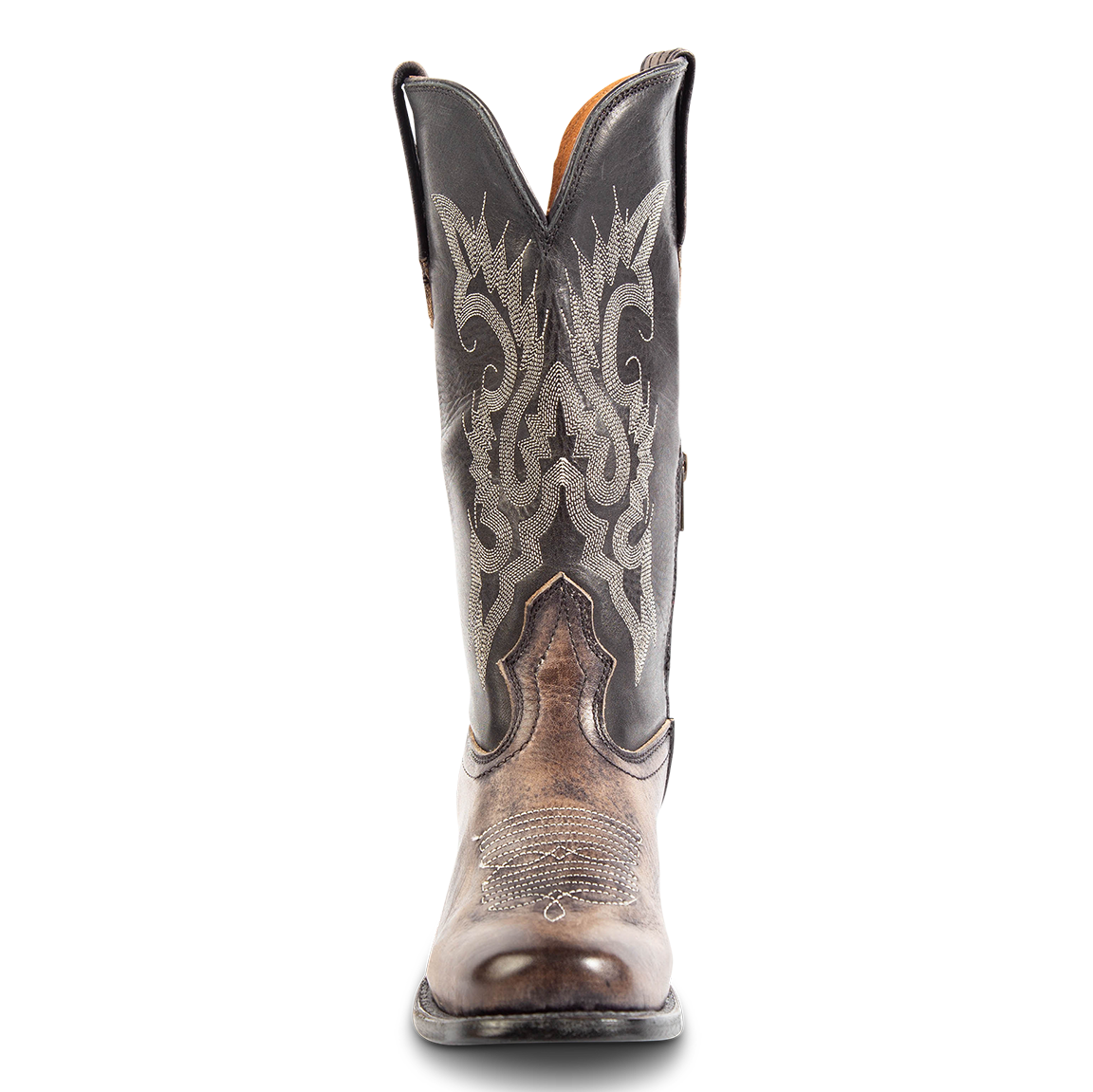 Front view showing stitch detailing and front dip on FREEBIRD women's Dice black leather boot