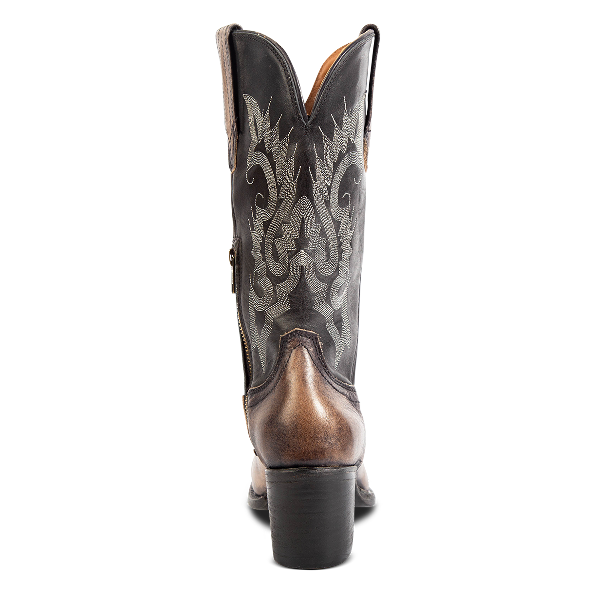 Back view showing a stacked heel, shaft stitch detailing and back dip on FREEBIRD women's Dice black leather boot