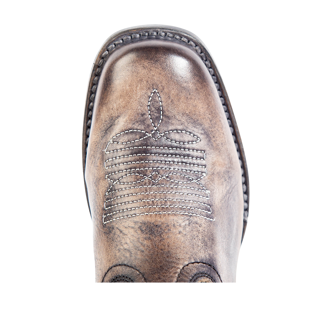 Top view showing square toe construction with stitch detailing on FREEBIRD women's Dice black leather boot