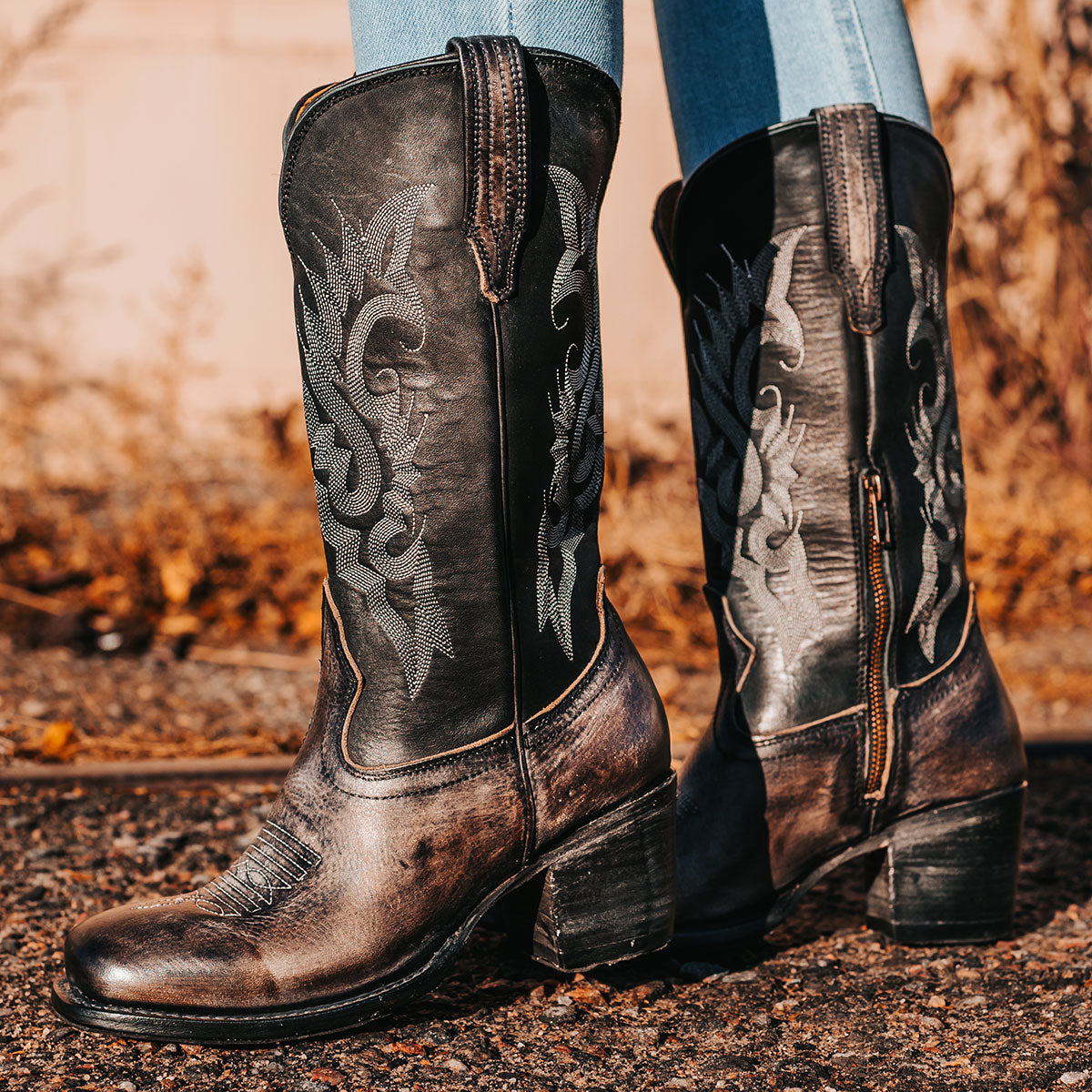 FREEBIRD women's Dice black leather boot with stitch detailing, leather pull straps and a square toe