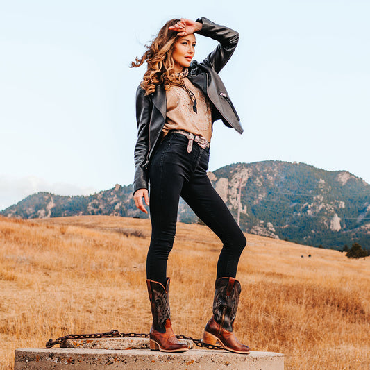 FREEBIRD women's Dice cognac leather boot with stitch detailing, leather pull straps and a square toe lifestyle